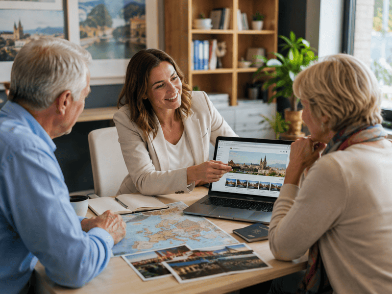 Travel adviser helping clients plan a European escorted tour