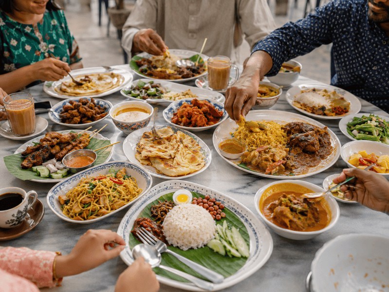 Malaysian food reflecting Malay, Chinese and Indian culinary traditions
