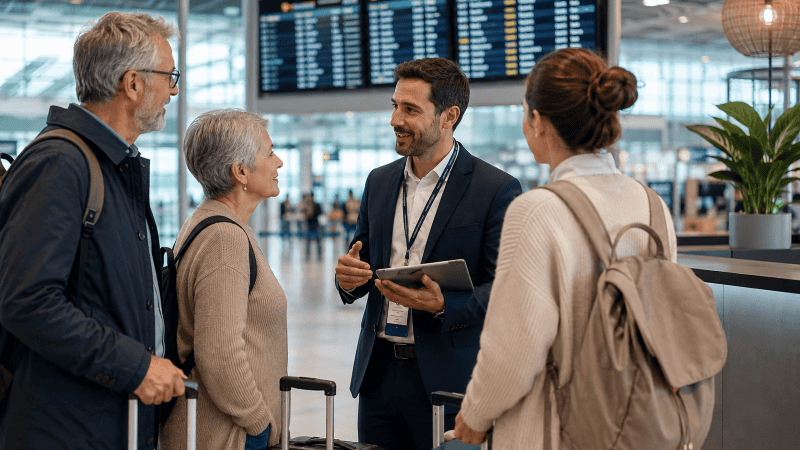 Tourism professional assisting a group of travellers in a European airport terminal. Demonstrates tourism operational resilience.