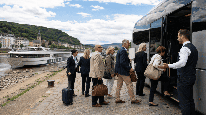 Guests boarding a coach beside a European river cruise vessel during a low-water itinerary adjustment