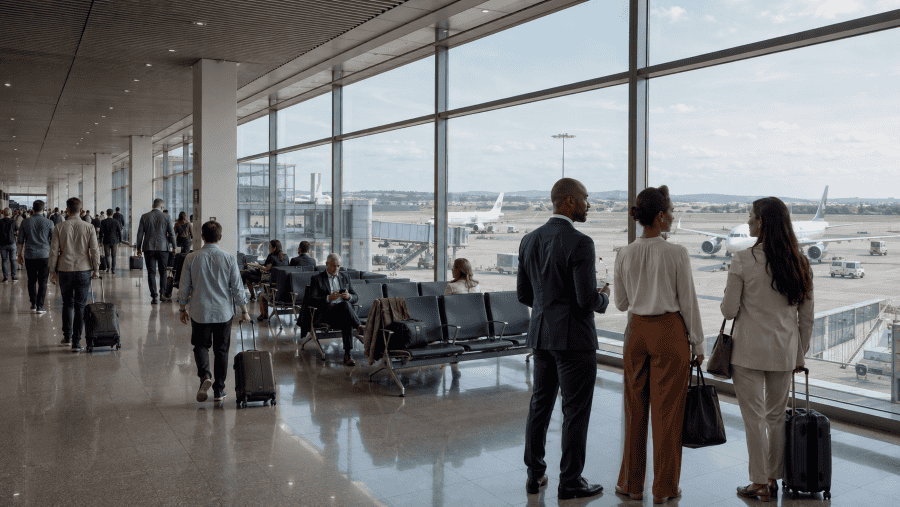Travellers and tourism professionals overlooking aircraft at a major European airport