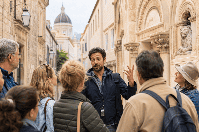 Tour guide speaking to a small group of visitors in a historic European city