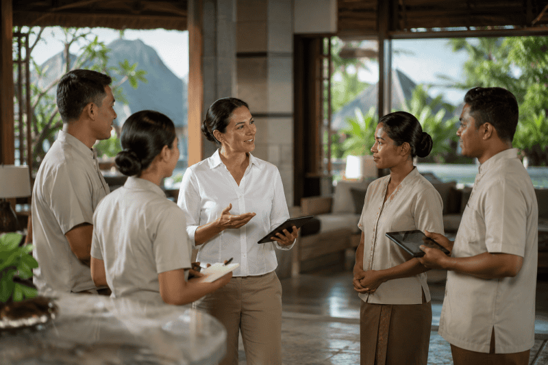 Hospitality manager discussing operations with hotel staff using digital tools