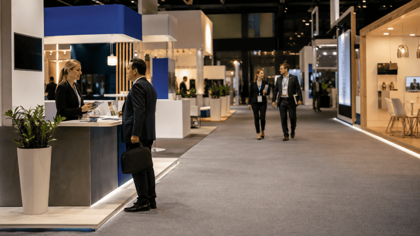 Visitors approaching a busy exhibition stand at an international trade show