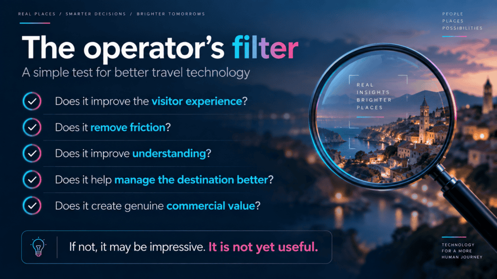 Magnifying glass graphic showing five tests for evaluating useful travel technology