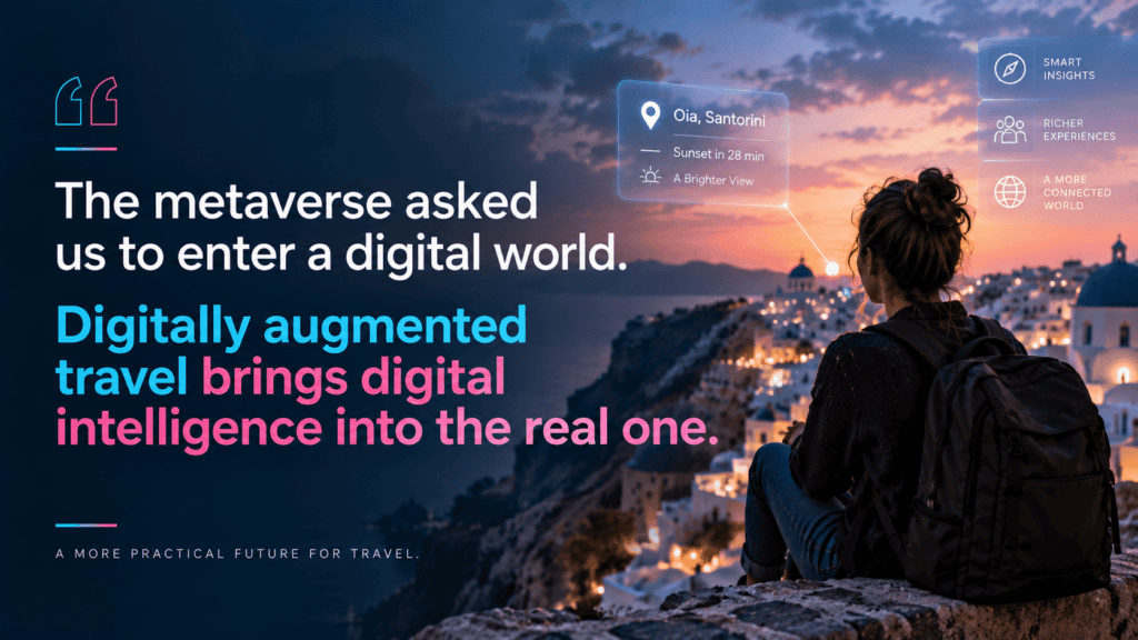 Traveller overlooking Santorini with digital information overlays illustrating digitally augmented travel