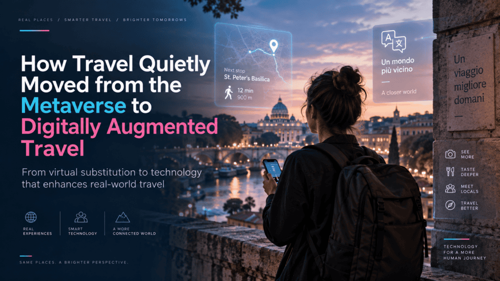 Traveller overlooking Rome with digital navigation and translation overlays representing digitally augmented travel