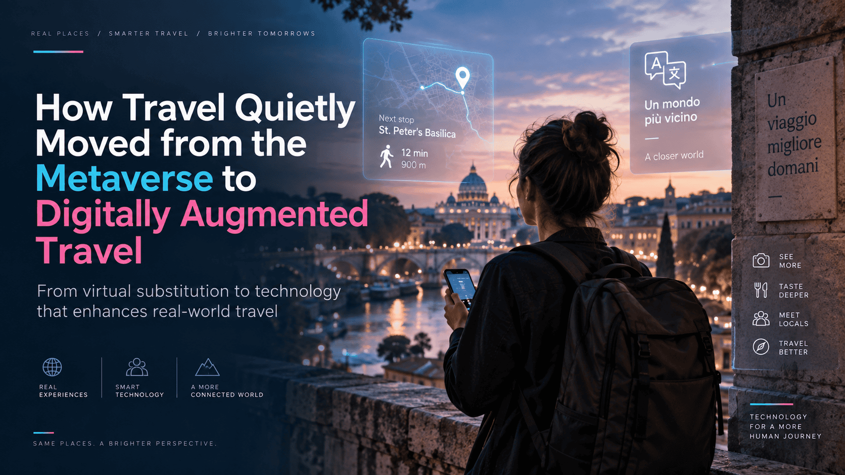 Traveller overlooking Rome with digital navigation and translation overlays representing digitally augmented travel